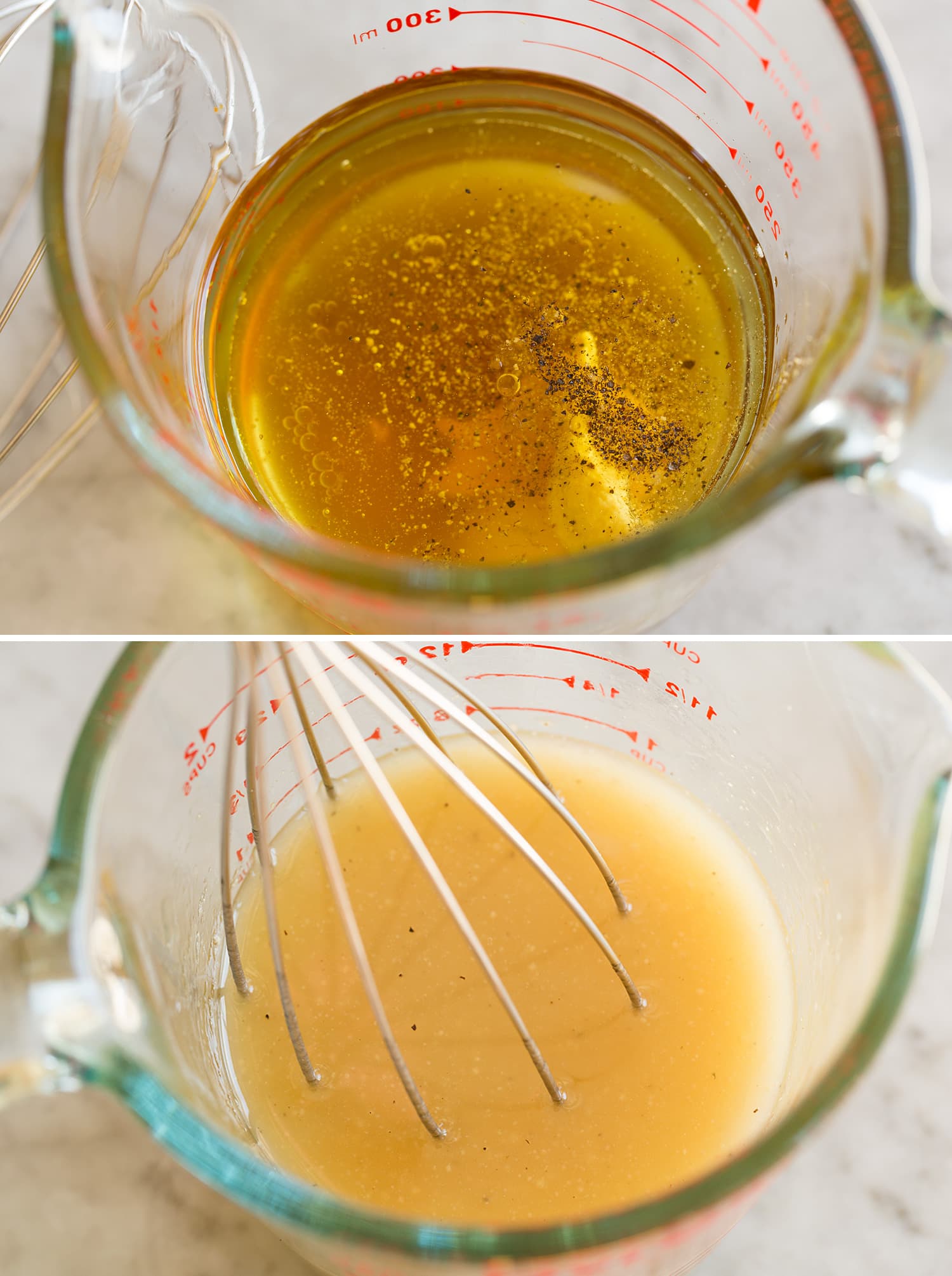 Vinaigrette dressing before and after mixing in glass cup.