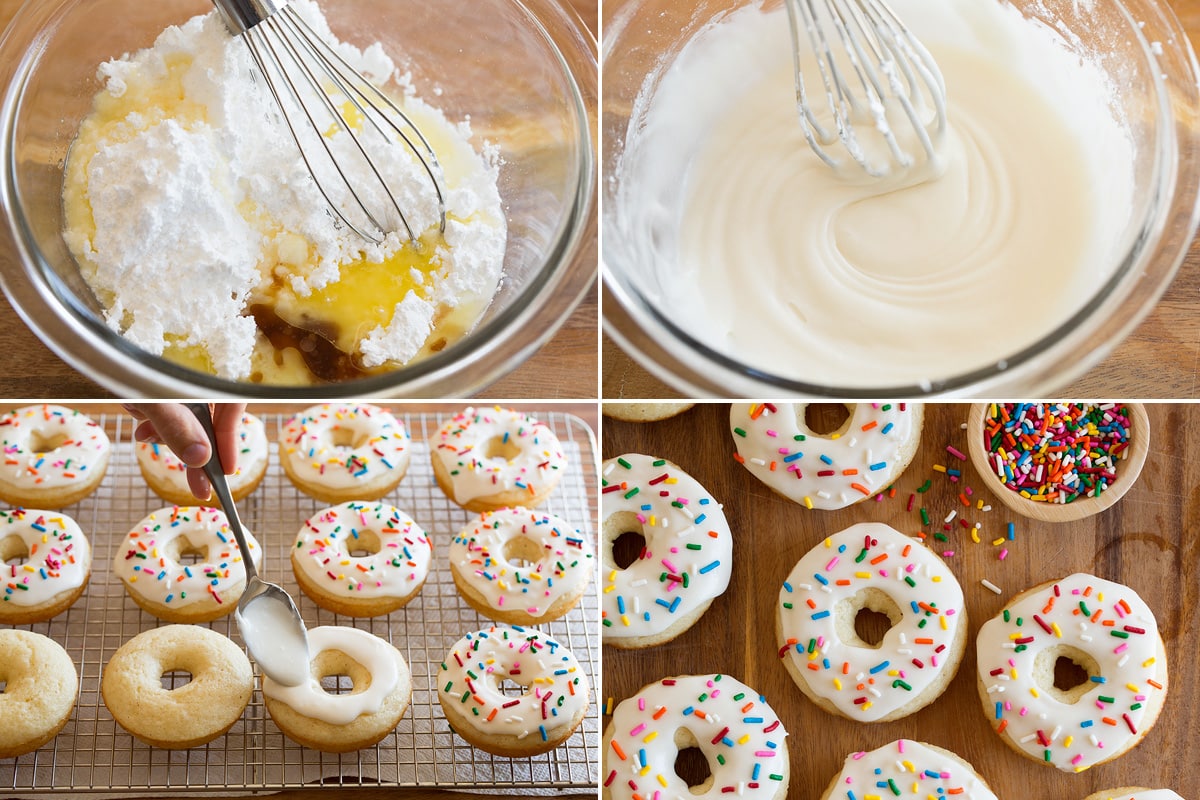 Collage of four photos showing how to make glaze for donuts then spread over baked donuts.