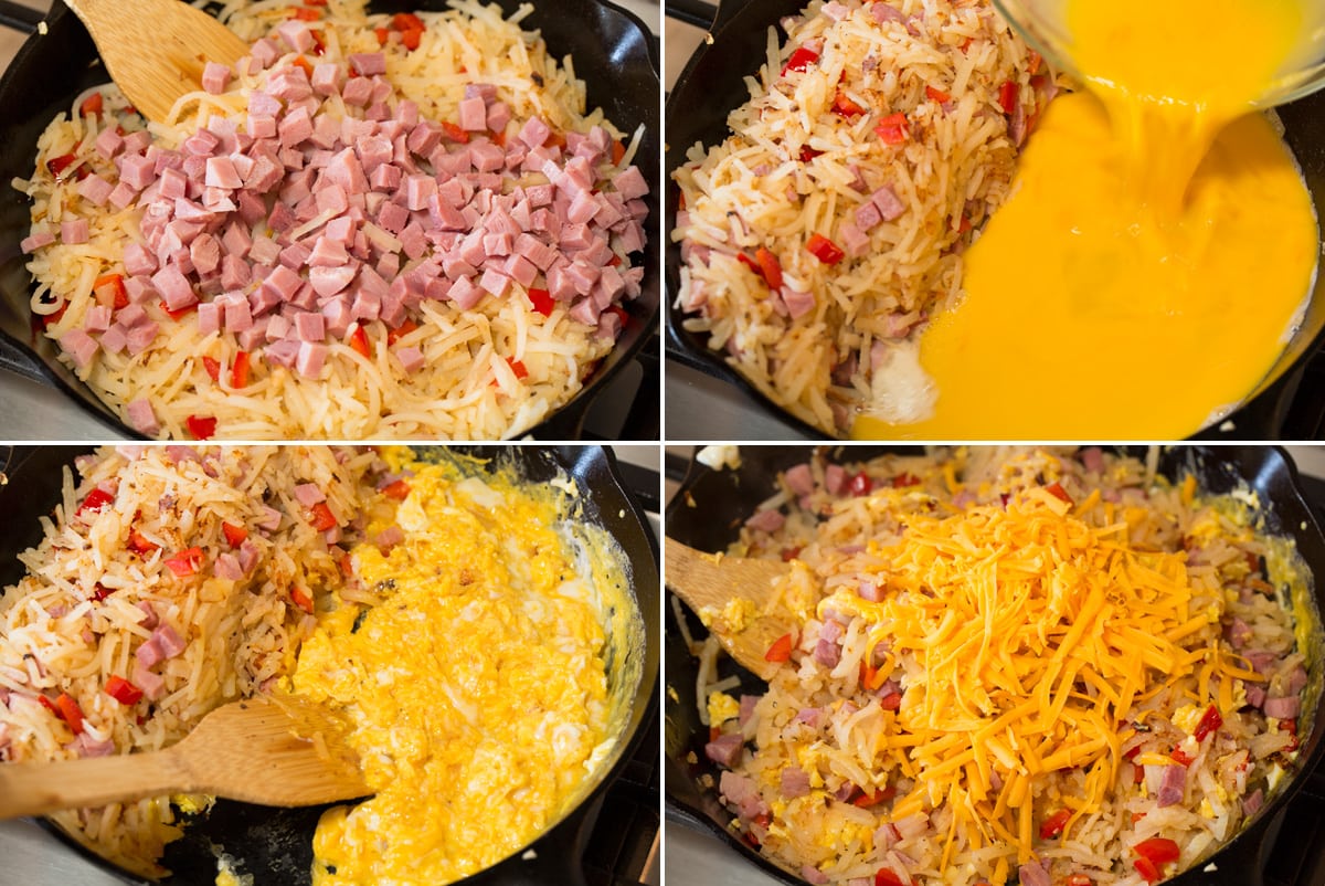 Collage of four photos showing continued steps to making breakfast hash in a cast iron skillet.