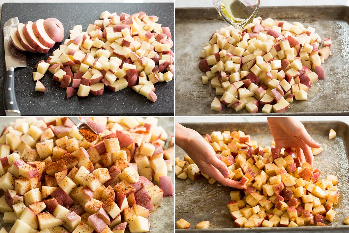 Photo: Shows four steps to preparing breakfast potatoes. Includes dicing, drizzling with oil, sprinkling with seasonings and tossing on sheet pan. 