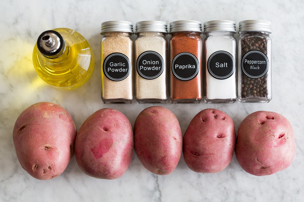 Photo: Red potatoes, olive oil and breakfast potatoes seasonings shown.