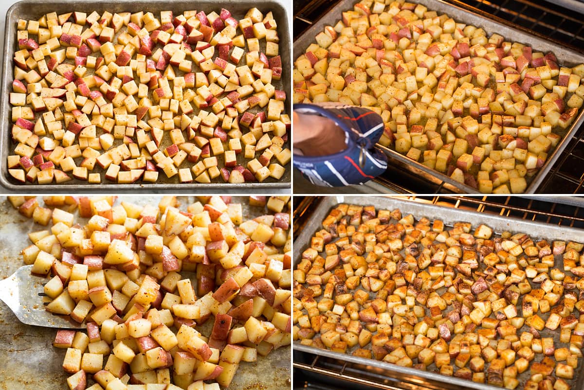 Photo: Breakfast Potatoes shown in oven, being tossed then being broiled.