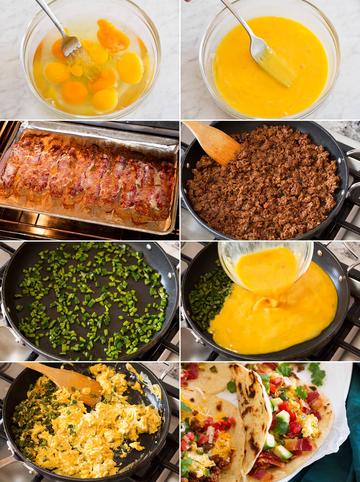 Eight photos showing steps of making breakfast tacos.