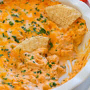 Buffalo chicken dip in a ceramic white pie dish. Shown with tortilla chips dipped in.