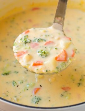 A ladle of cheesy vegetable chowder
