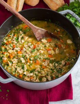 Pot of chicken and rice soup