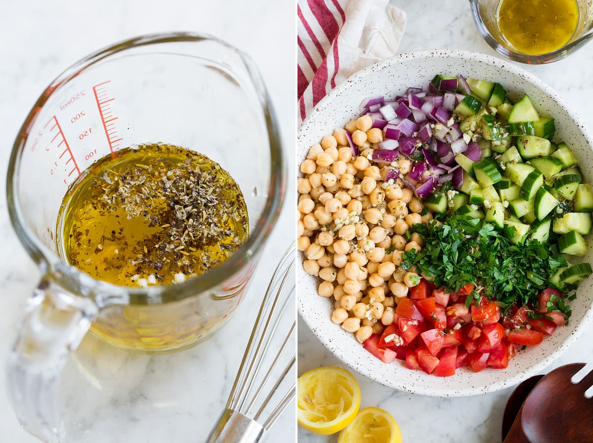 Collage of two images showing how to make dressing and chickpea salad.