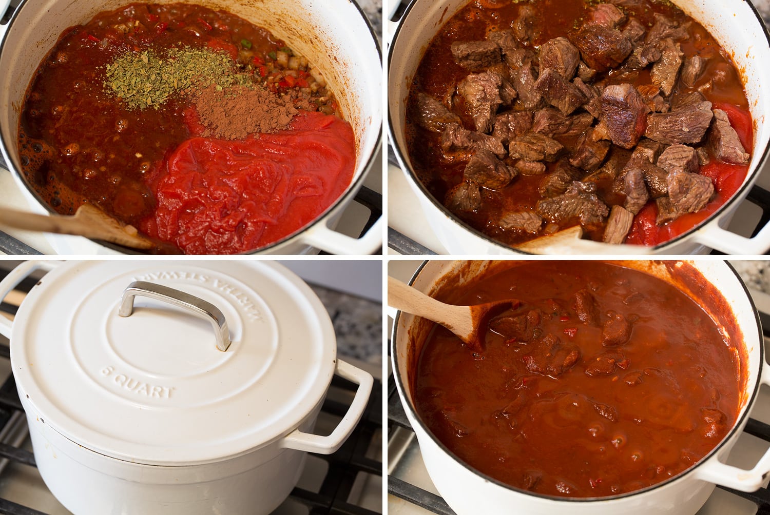 Adding liquids and simmering chili con carne to finish.