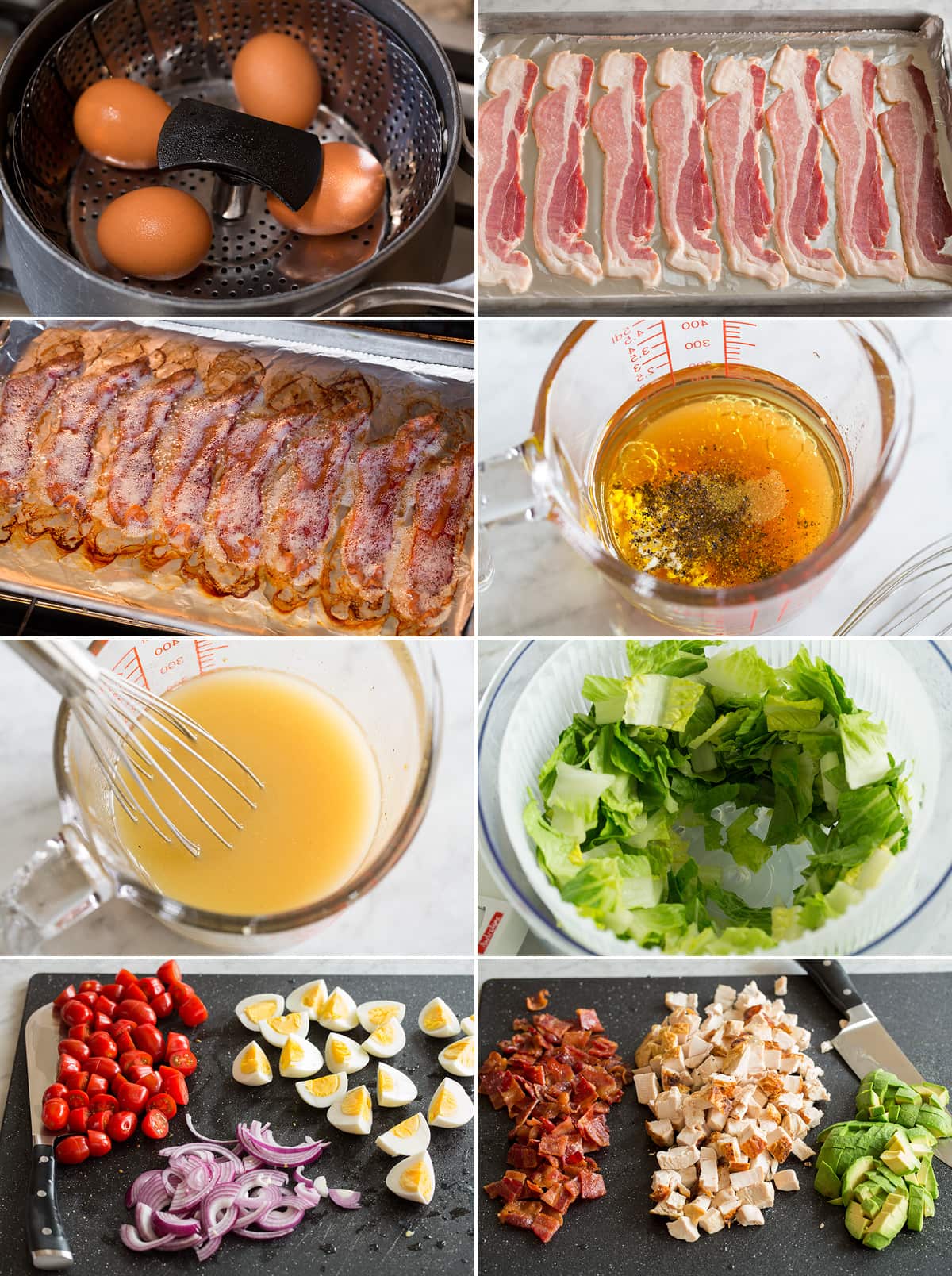 Collage of eight images showing how to cook eggs and bacon for cobb salad. Also shows making dressing and chopping salad ingredients. 