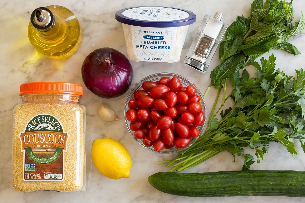 Photo of ingredients used to make couscous salad.