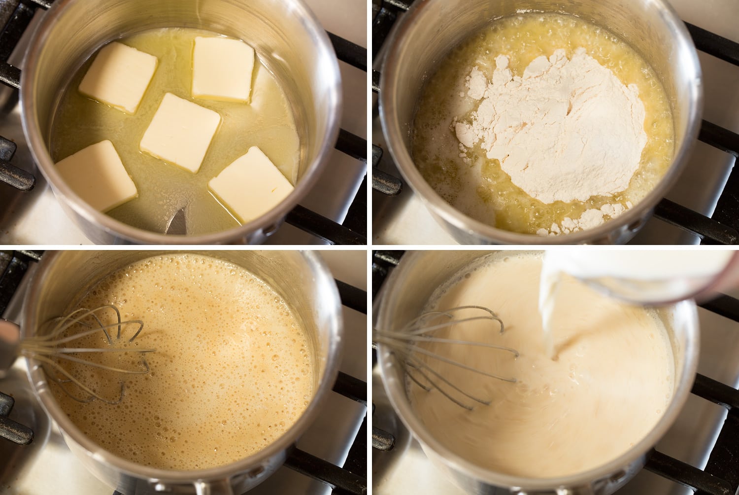 Steps of making white sauce to thicken creamy soup.
