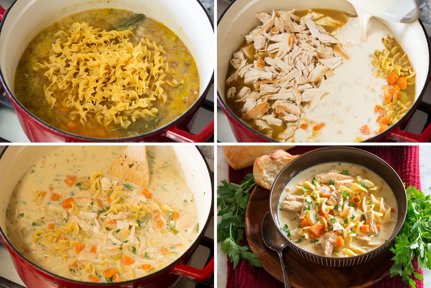 Four steps of finishing creamy chicken noodle soup.