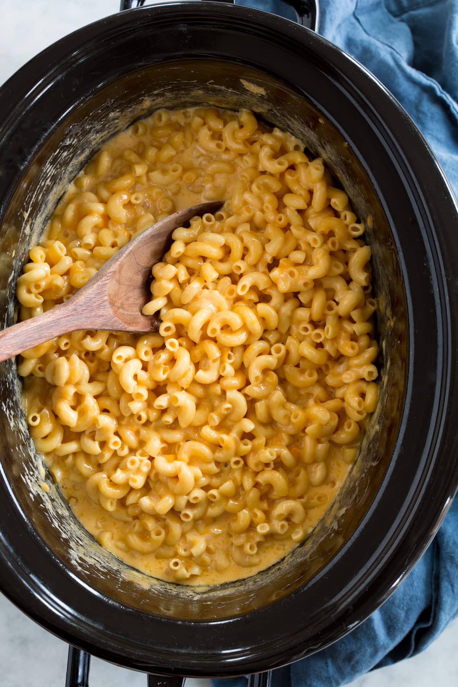 Overhead photo of slow cooker macaroni and cheese.
