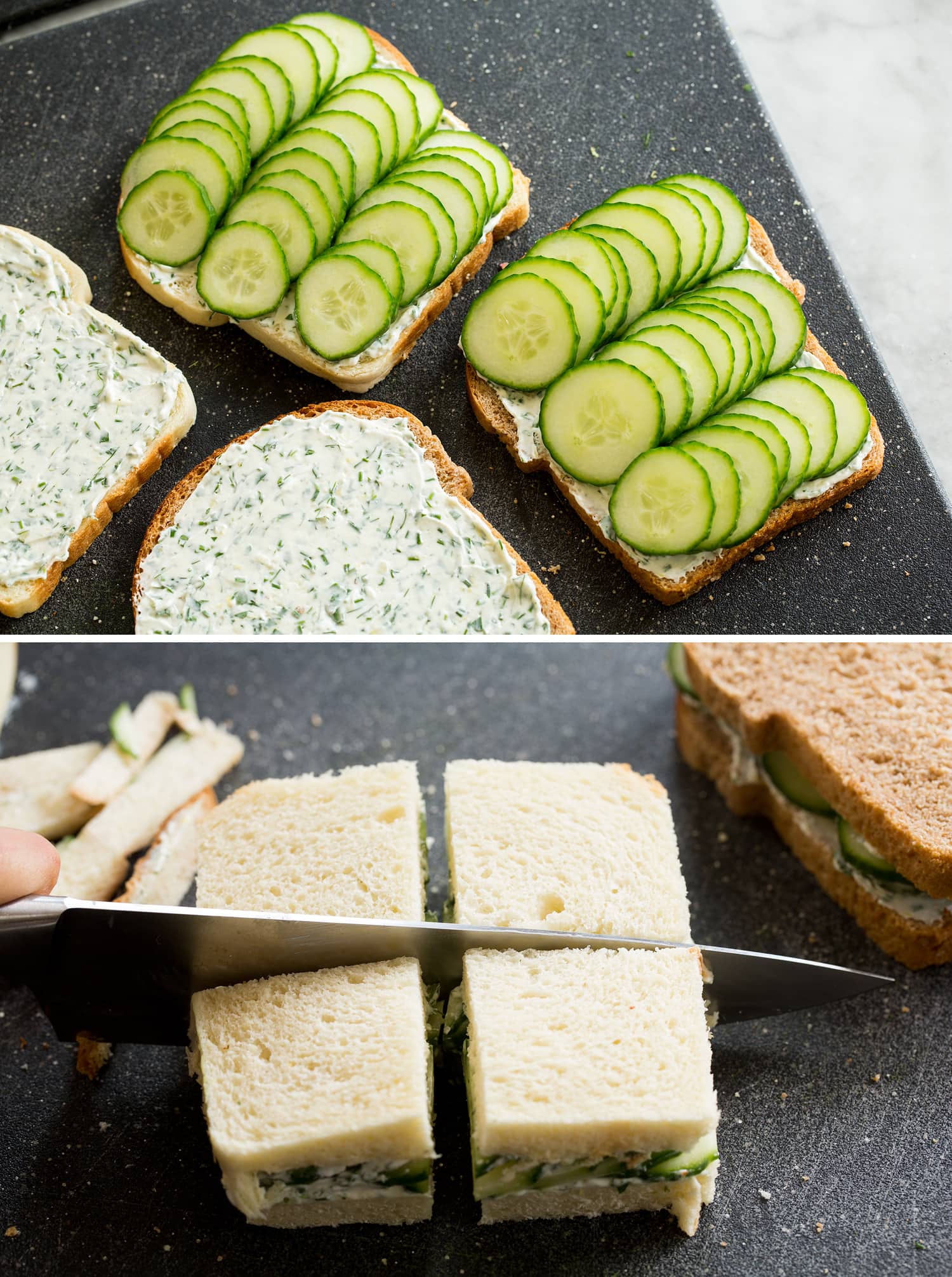 Toppings sandwiches with cucumbers and slicing.