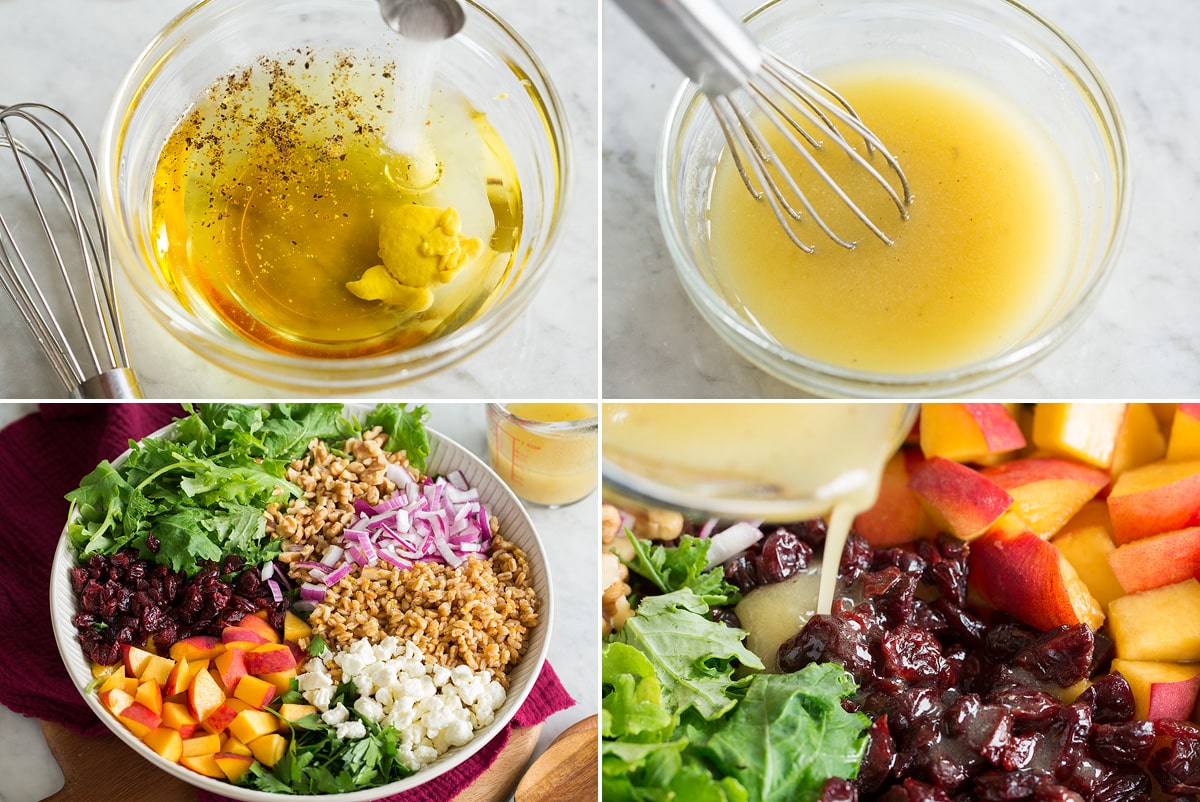 Collage of four photos showing how to make dressing, then pour over a farro salad.
