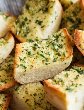 Close up image of sliced garlic bread.