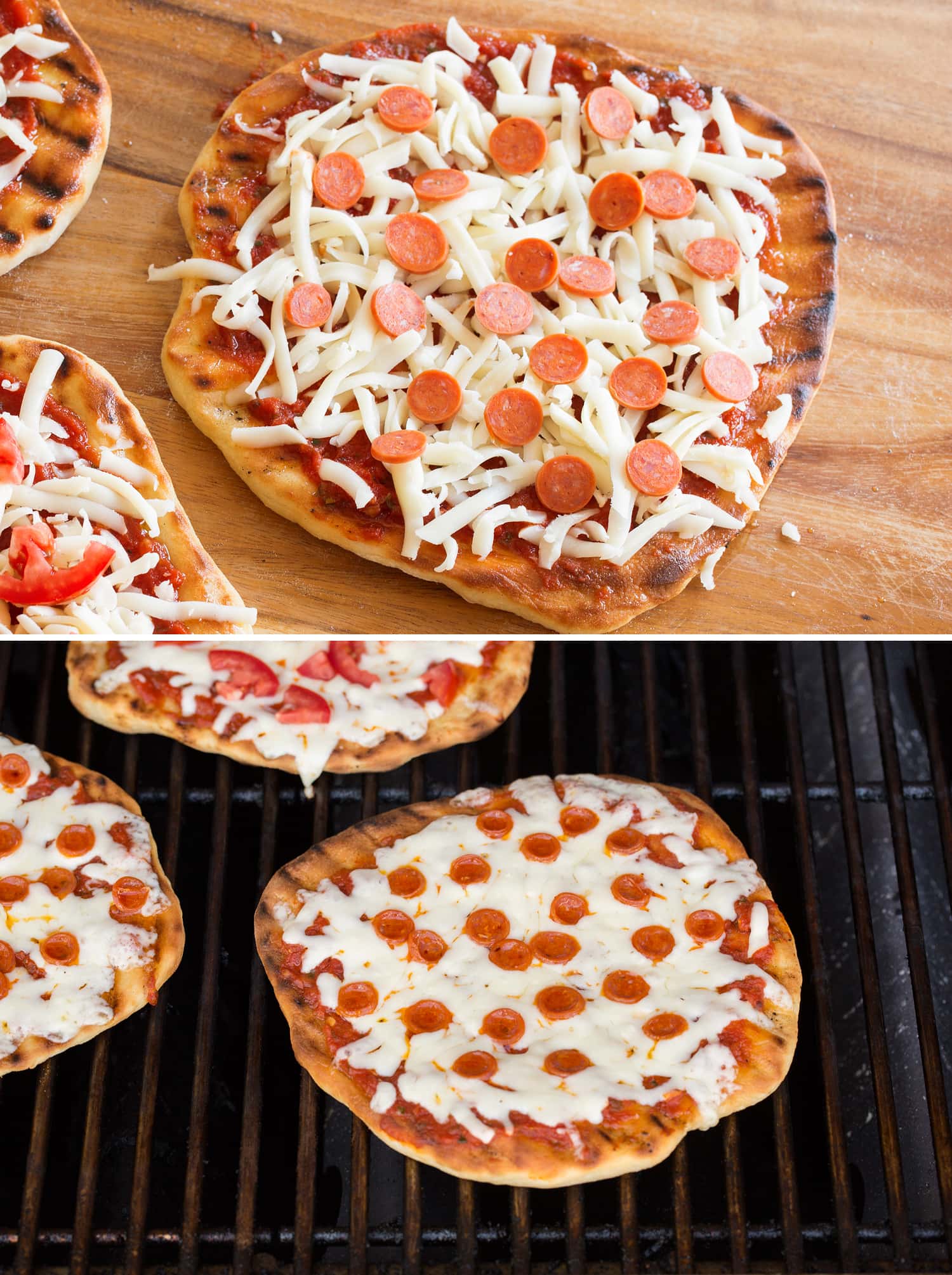Pizza dough with toppings on grill.