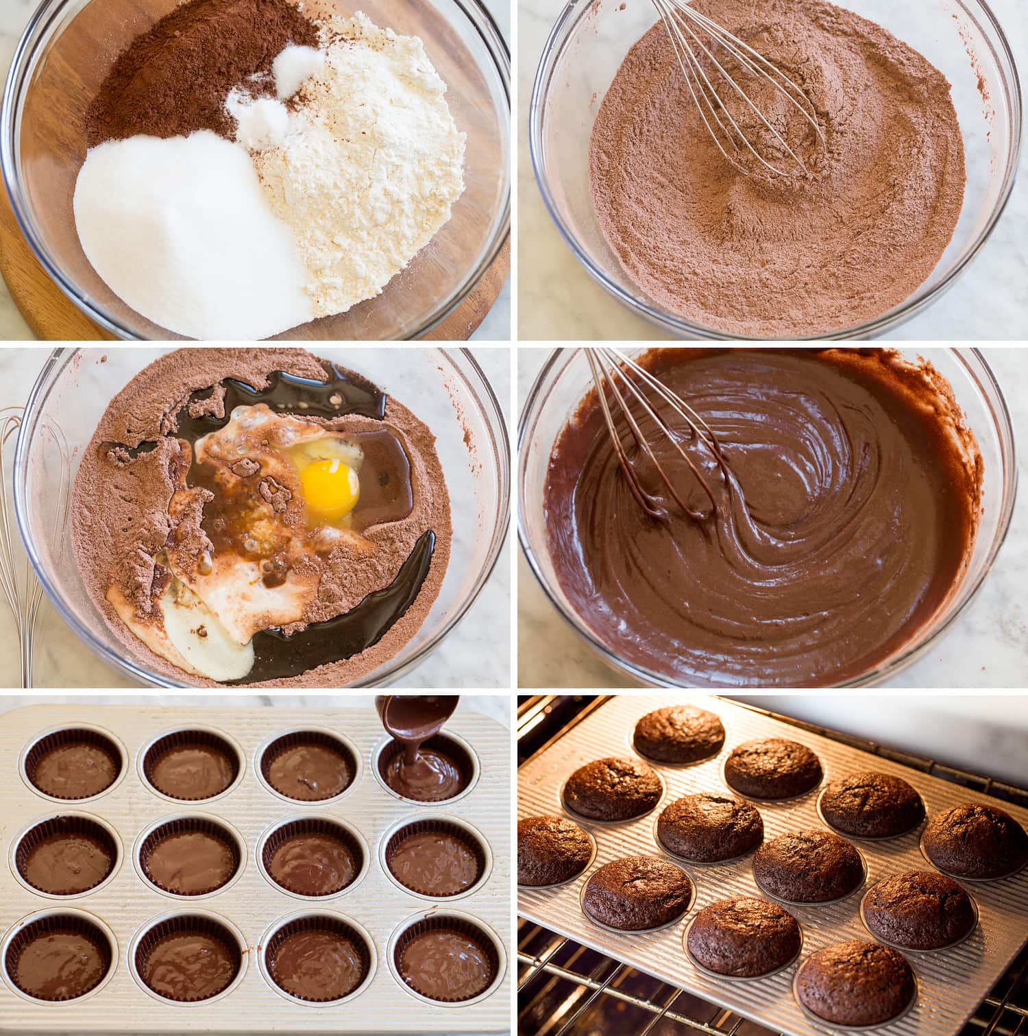 Steps of making easy chocolate cupcake batter and baking.