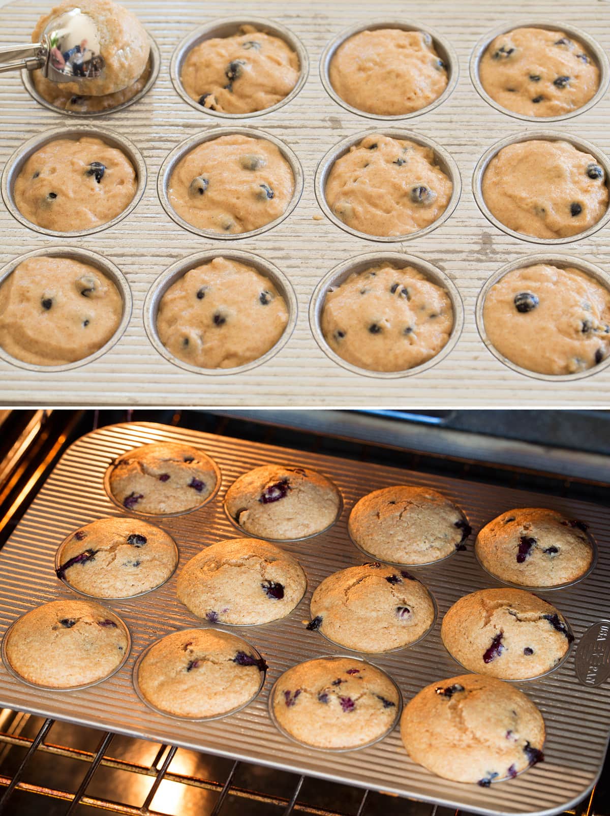 Muffins shown in pan before and after baking in oven.