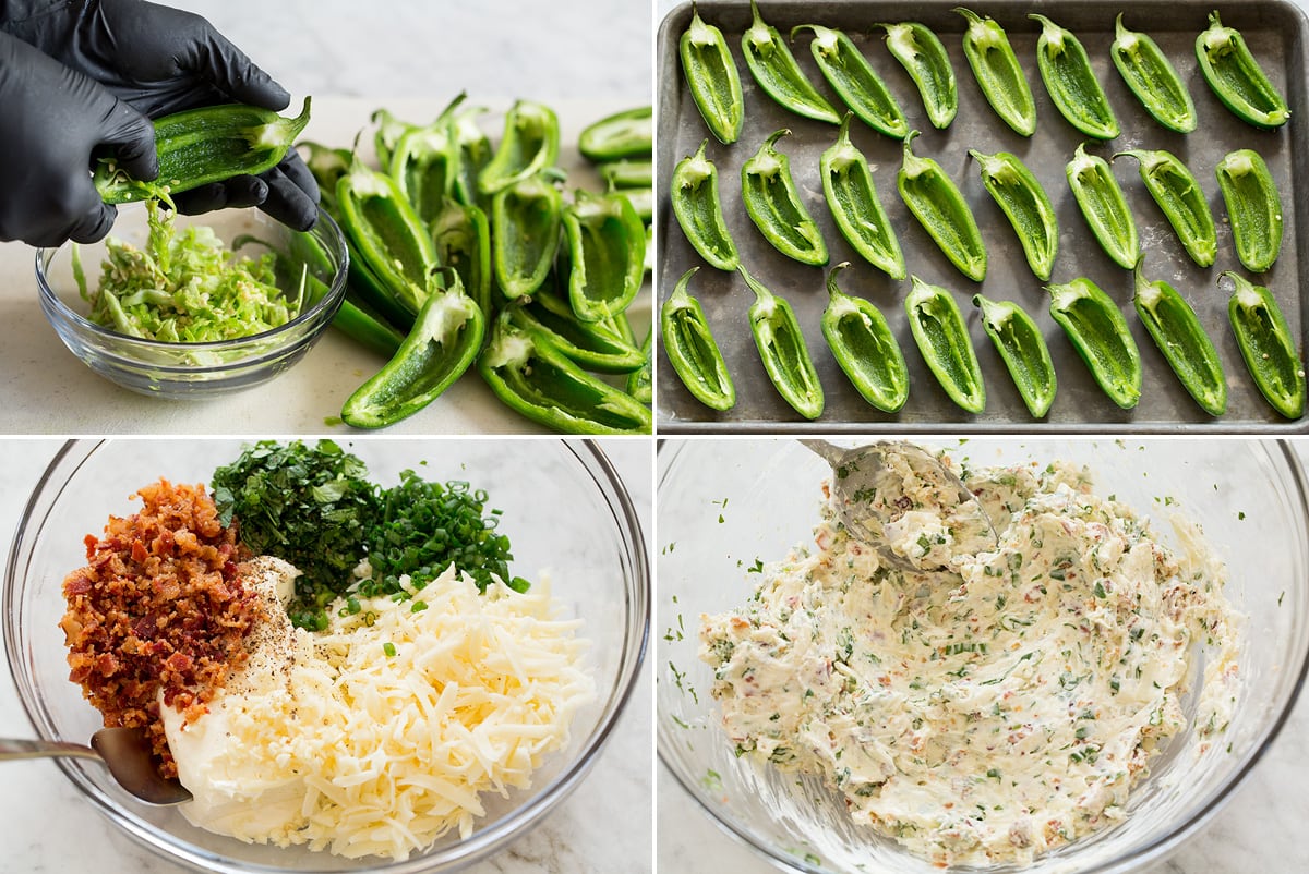 Collage of four photos showing first steps of preparing jalapeno poppers. Includes halving and seeding jalapenos, aligning them on baking sheet, then making cream cheese filling.