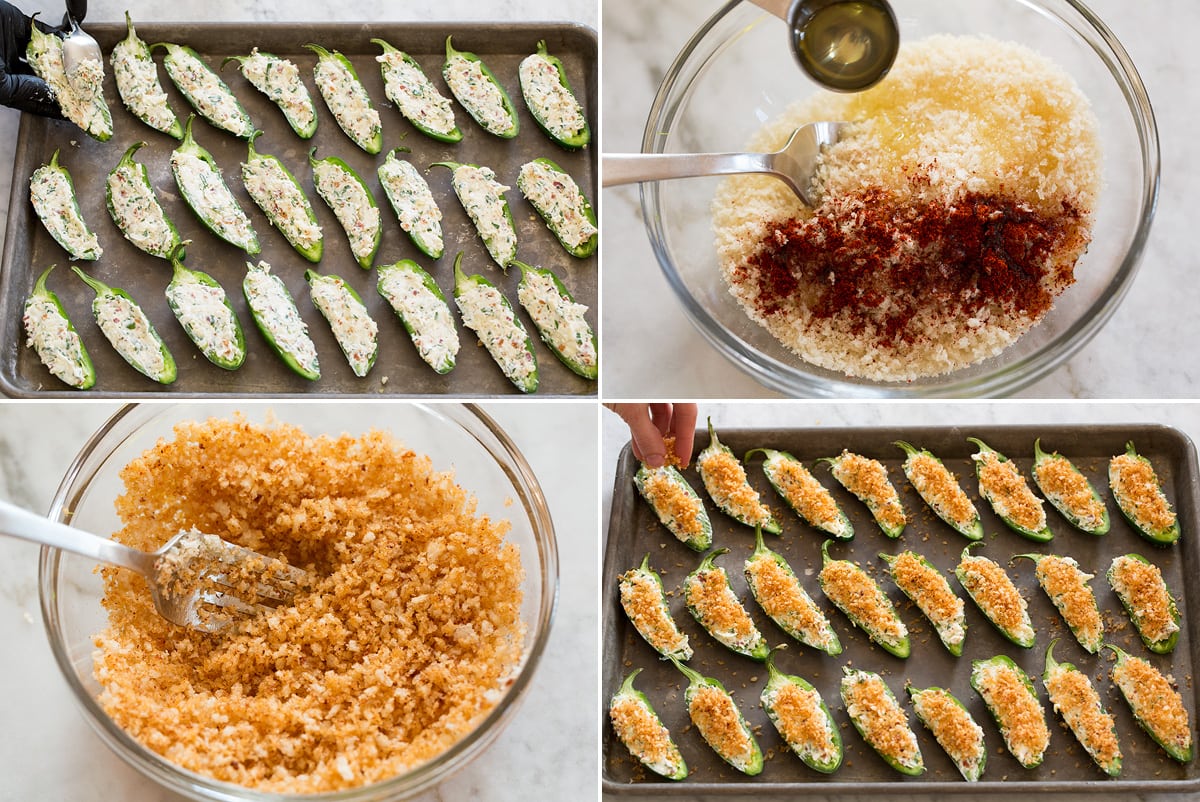 Collage of four photos showing how to stuff jalepono peppers and prepare and finish with panko topping mixture.