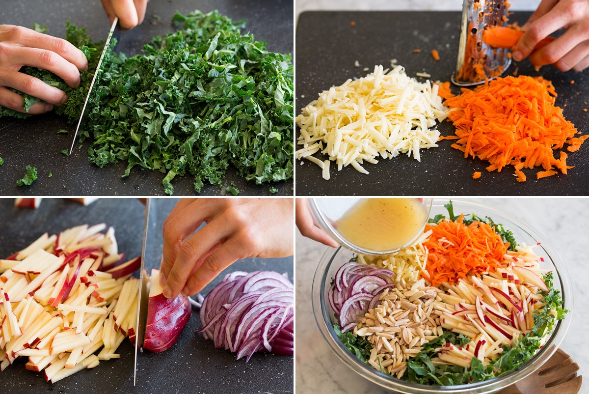 Collage of four photos showing how to thinly slice kale, shred carrots and cheddar, and slice apples into matchsticks. Then shows all salad ingredients in a bowl before tossing.