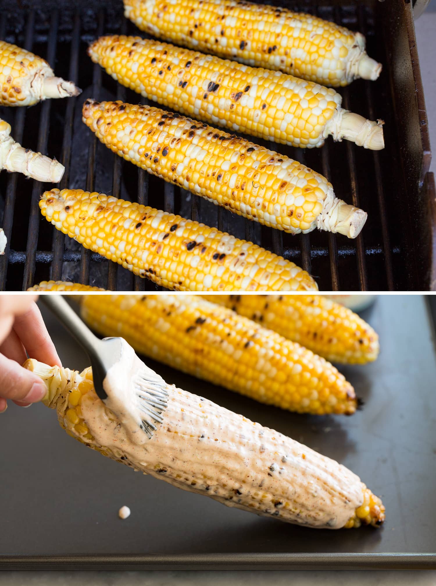 Grilled corn and covering with mayo crema.