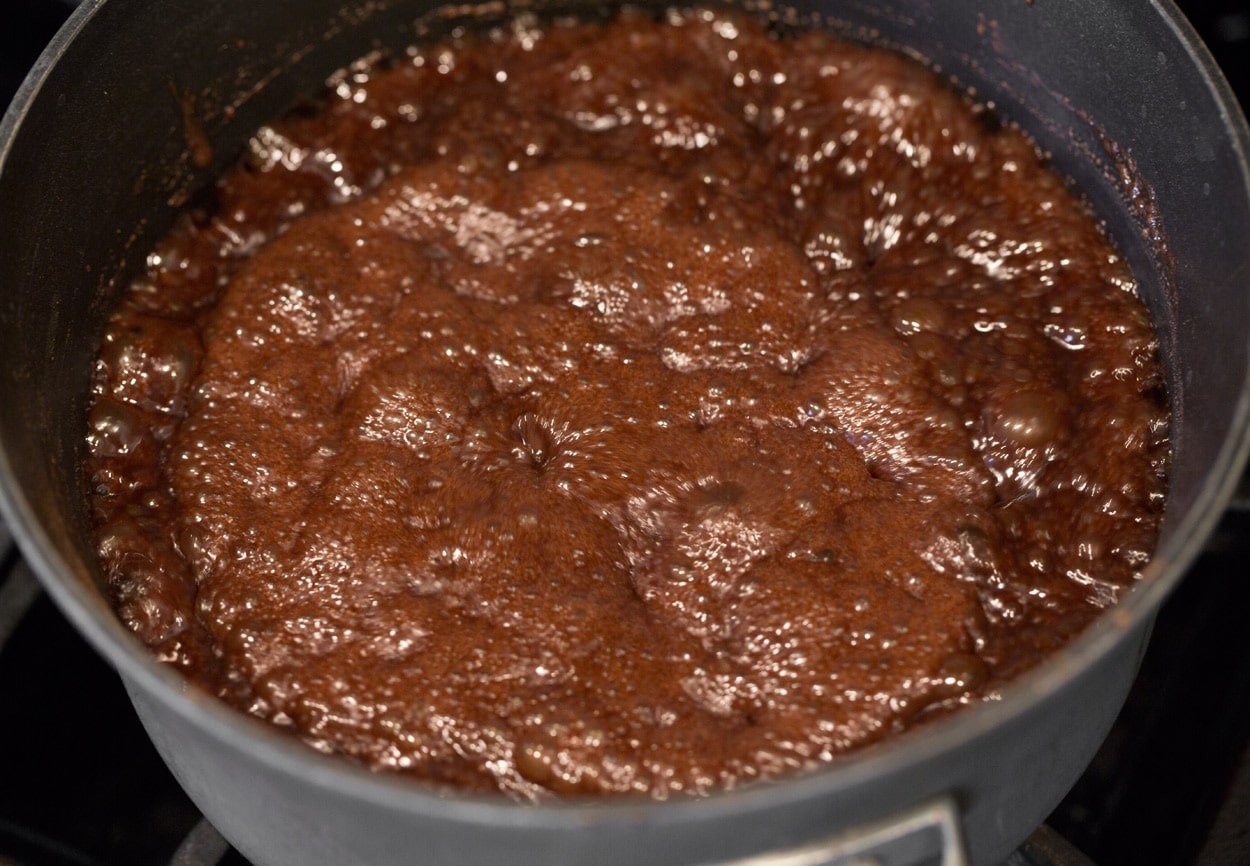No Bake Cookies boiling sugar cocoa mixture in saucepan