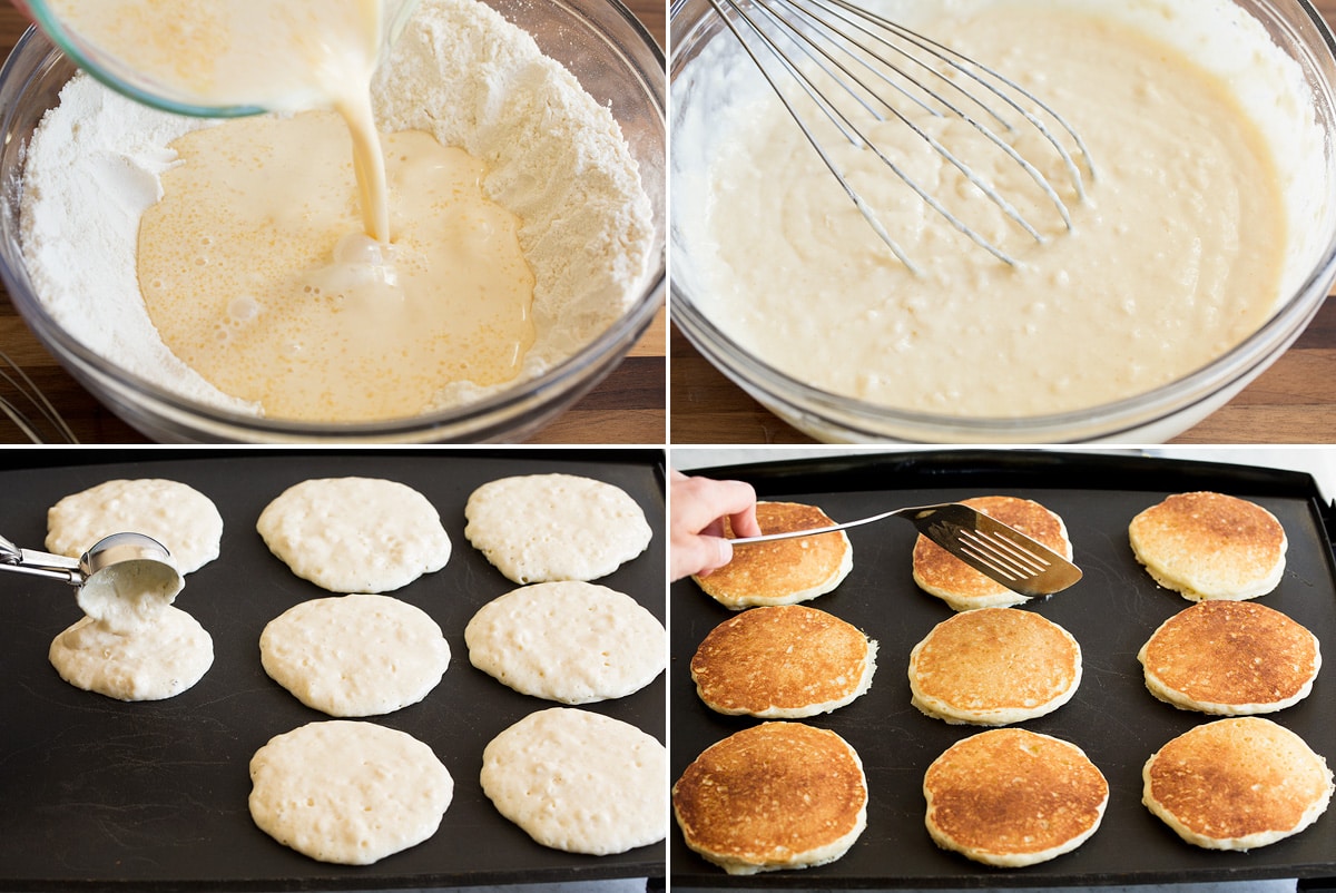 Collage of four photos showing how to blend pancake batter mixtures then cook pancakes on a griddle.