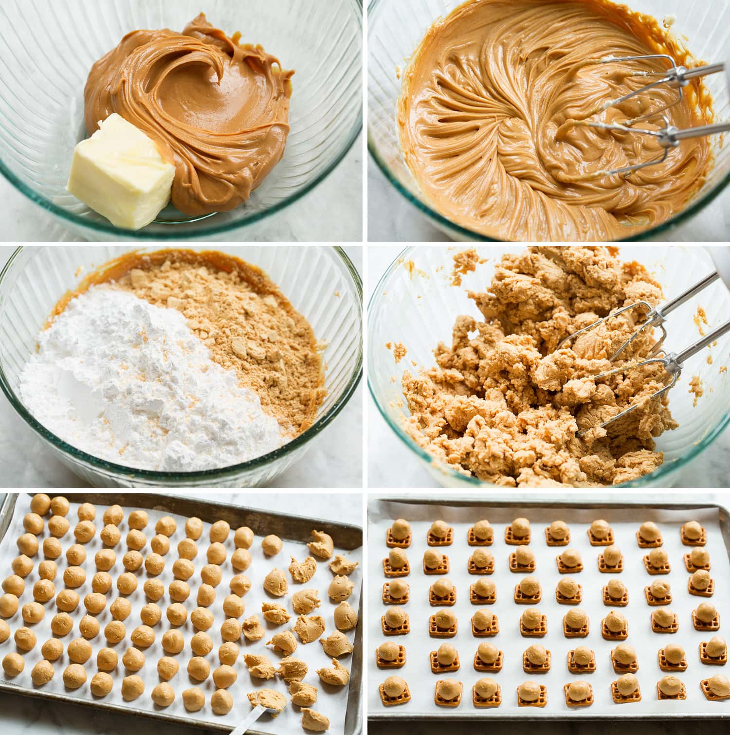 Steps of mixing sweetened peanut butter filling, rolling and placing on snap pretzels.
