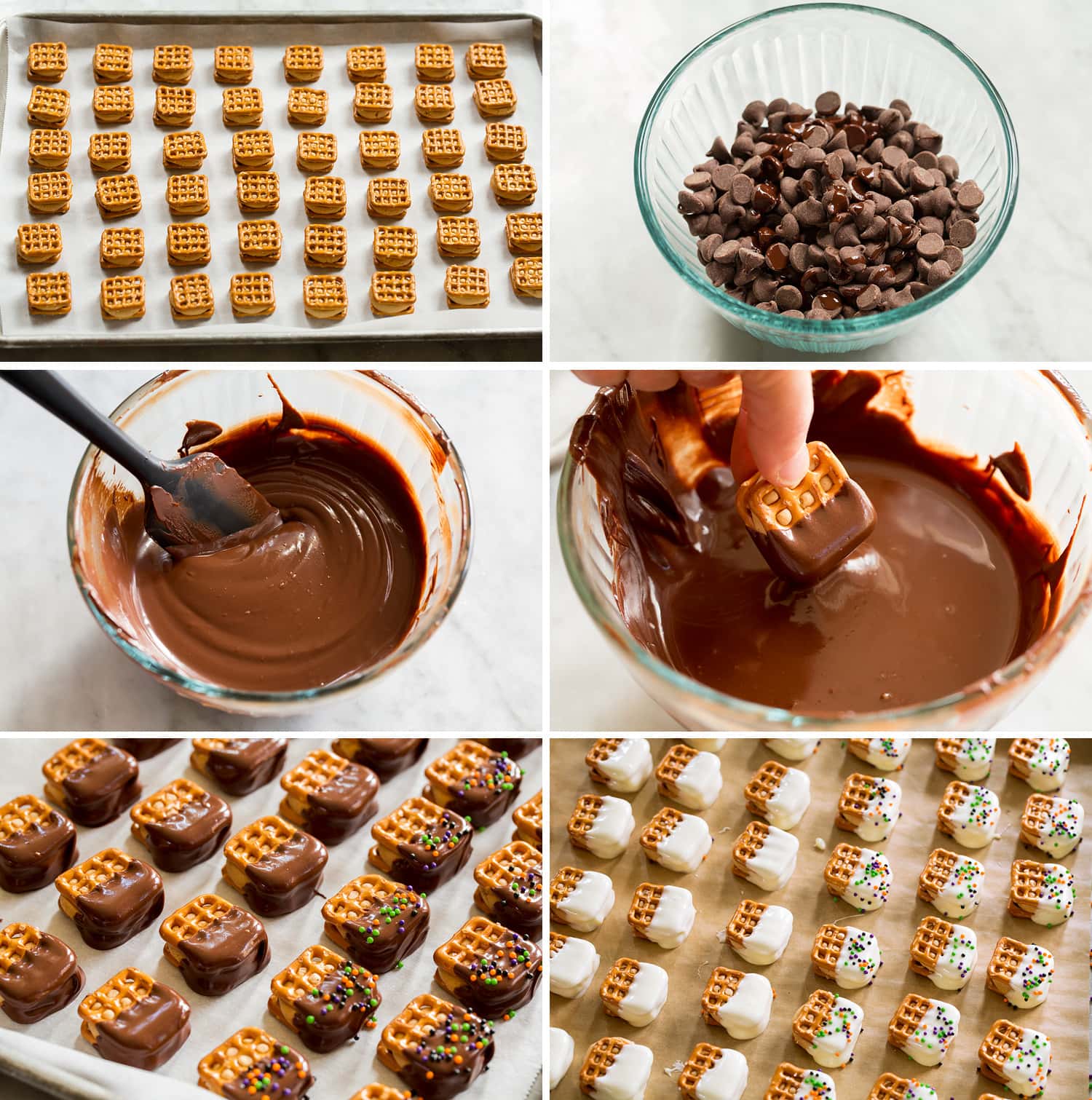 Dipping peanut butter filled pretzels in chocolate.