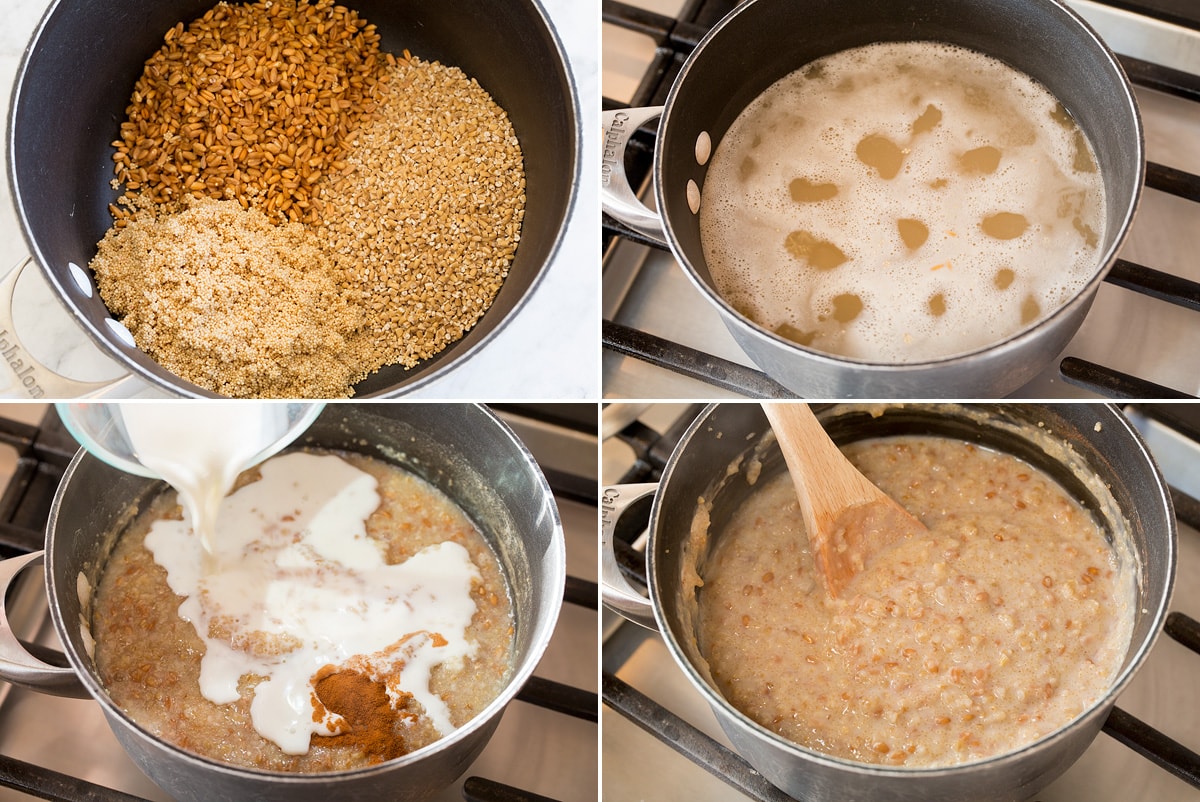 Four photos together showing steps of making porridge on the stovetop.