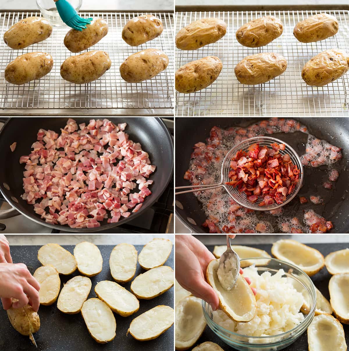Collage of six images showing first six steps of making potato skins. Includes brushing potatoes with oil, shows after baking. Then diced bacon shown before and after cooking in skillet. Last photos show halving baked potatoes and scooping out flesh. 