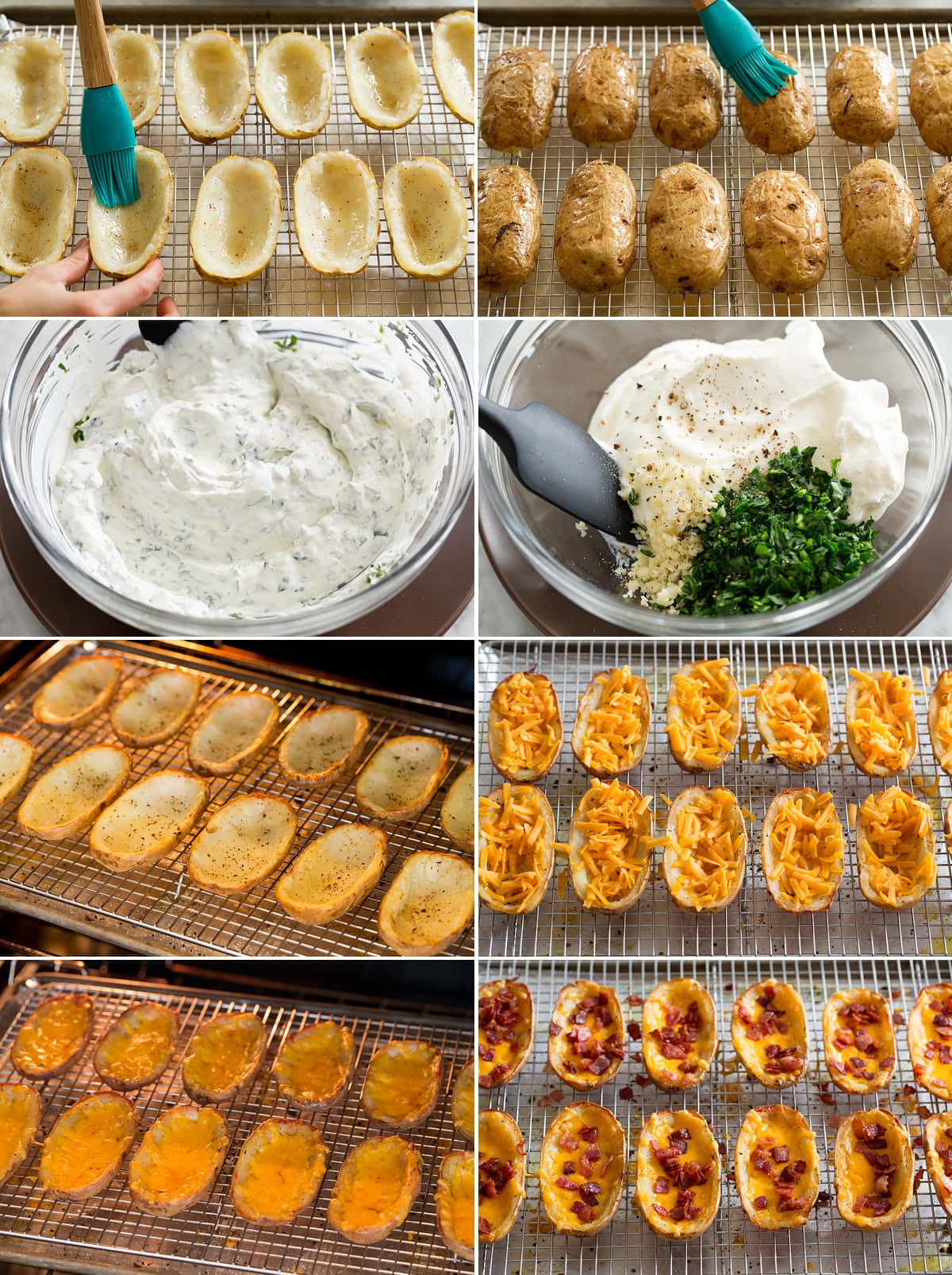 Collage of eight photos showing how to finish potato skins. Includes brushing both sides with rendered bacon fat. Mixing herbed sour cream ingredients. Baking the skins, filling with cheddar and bacon again. Then last finished with bacon.