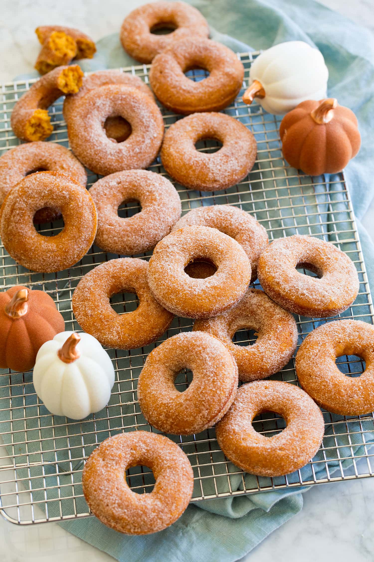 Lots of pumpkin donuts atop a cooling rack.