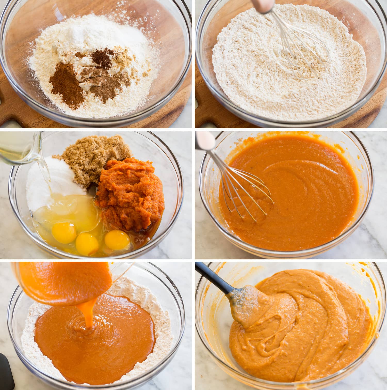 Six photos showing how to make pumpkin donut recipe batter.
