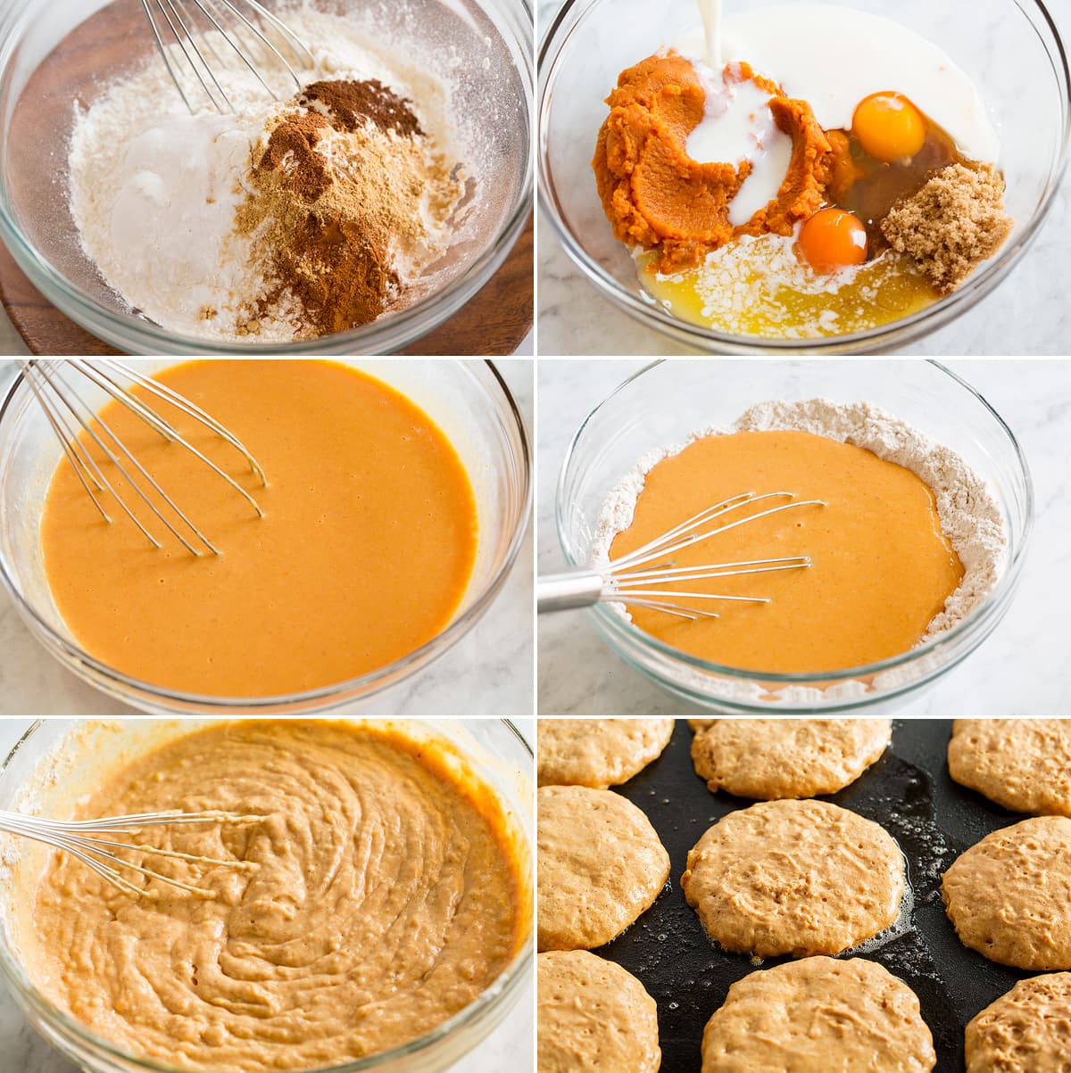 Collage of six images showing steps to making pumpkin pancakes. Spices, and flour are whisk in a bowl. Wet ingredients are mixed in another then they are combined together. Then the batter is shown formed into pancakes on a griddle.