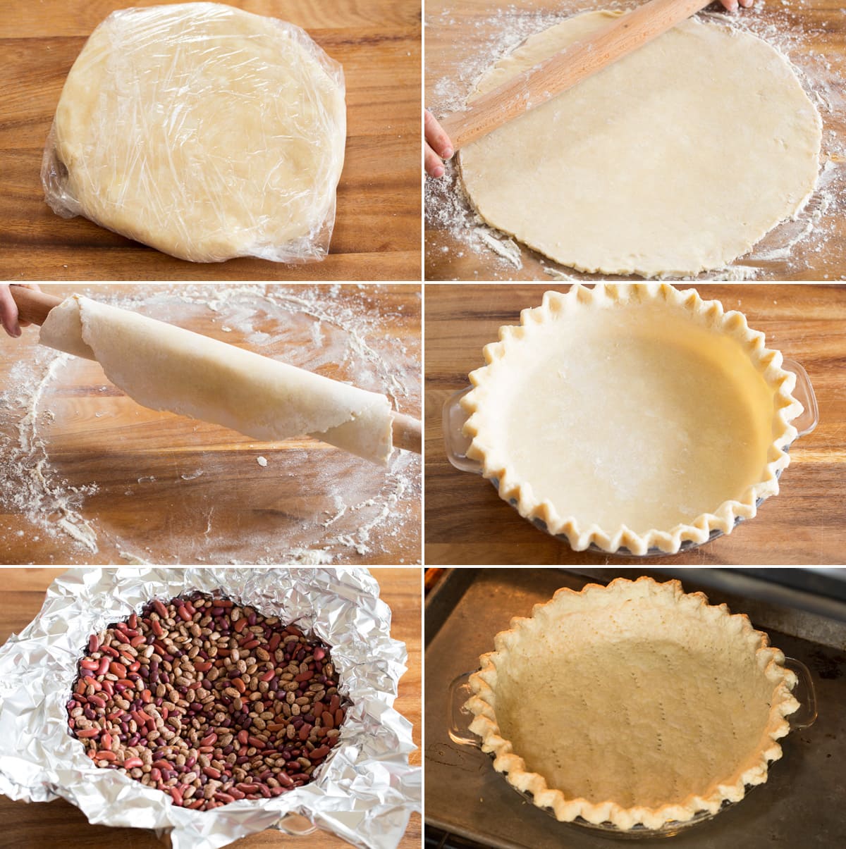 Collage of six photos showing how to shape and blind bake quiche crust in pie pan.