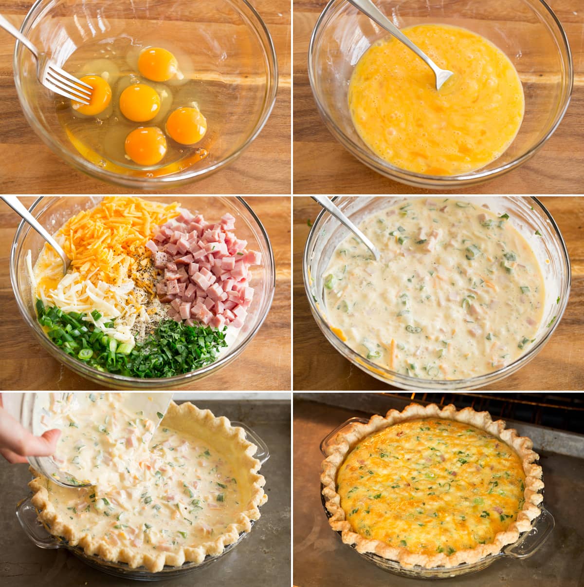 Collage of six photos showing how to make quiche filling and bake in crust.