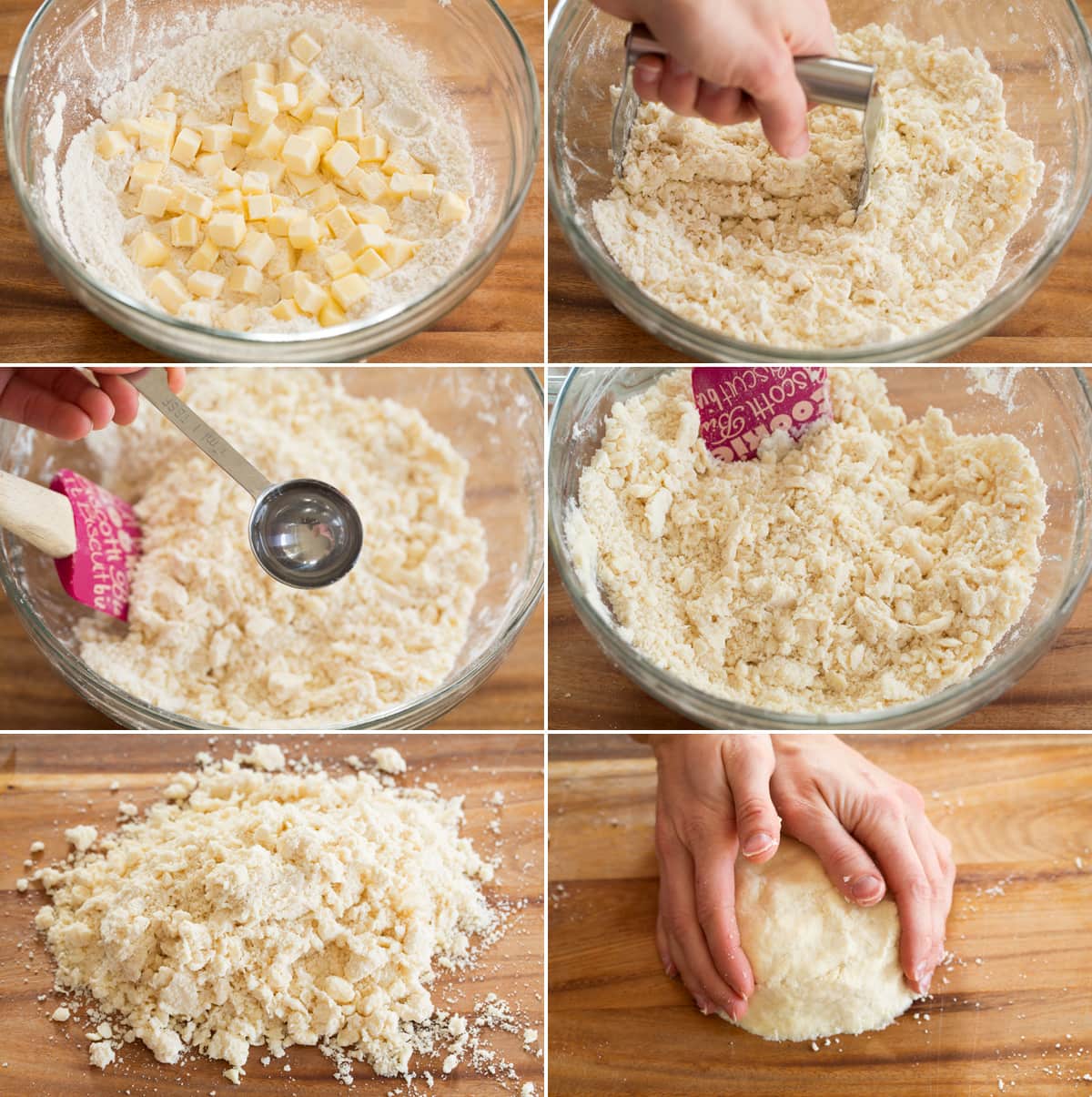 Collage of six photos showing steps to preparing quiche crust dough.