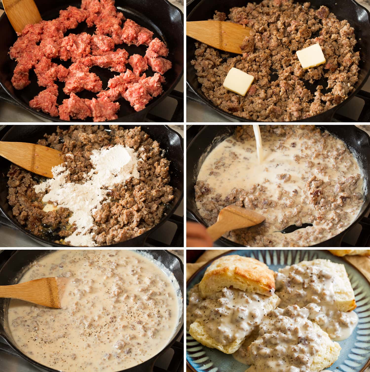 Six photos showing how to make sausage gravy.