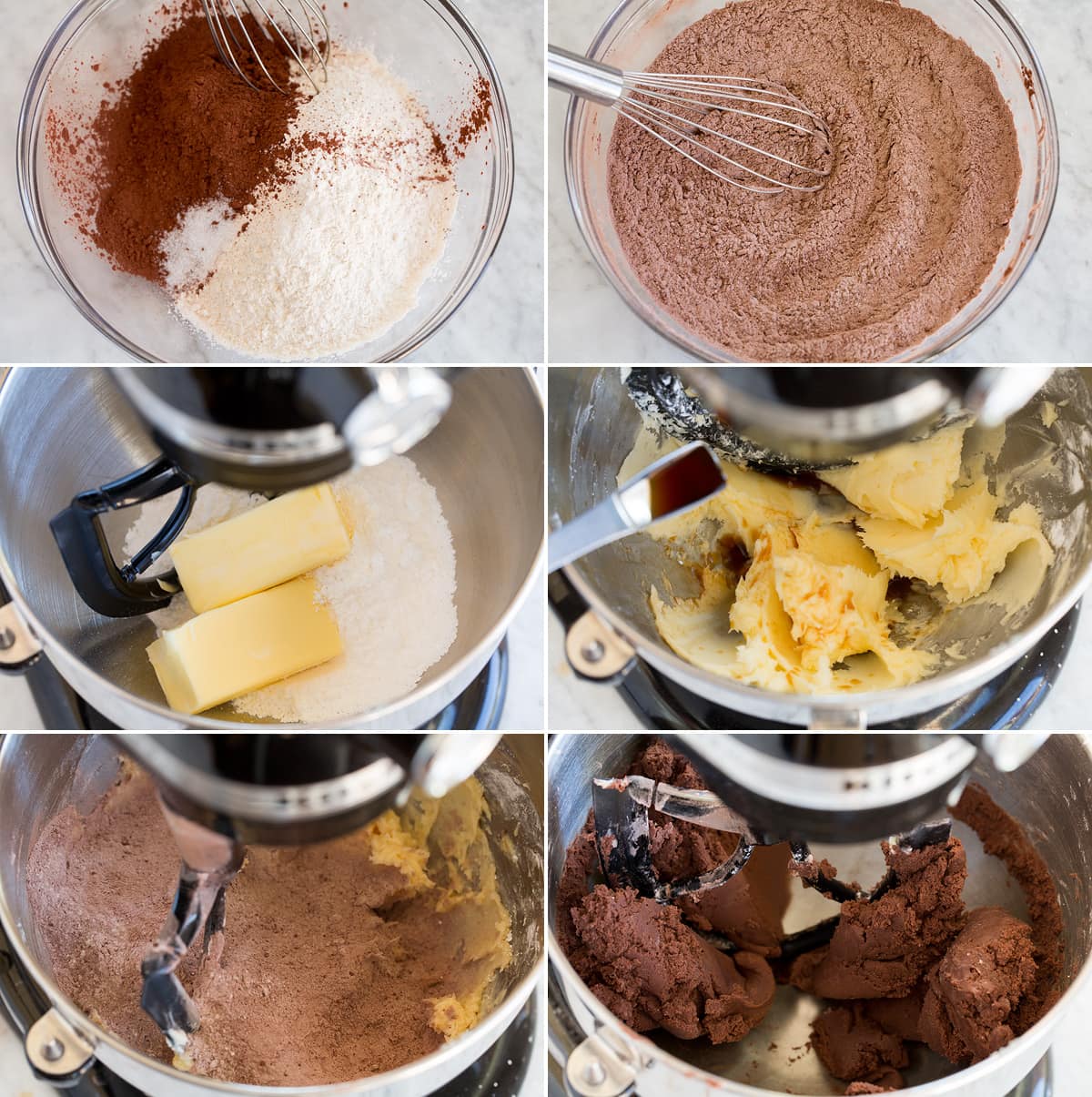 Collage of photos showing how to make chocolate cookie dough batter.