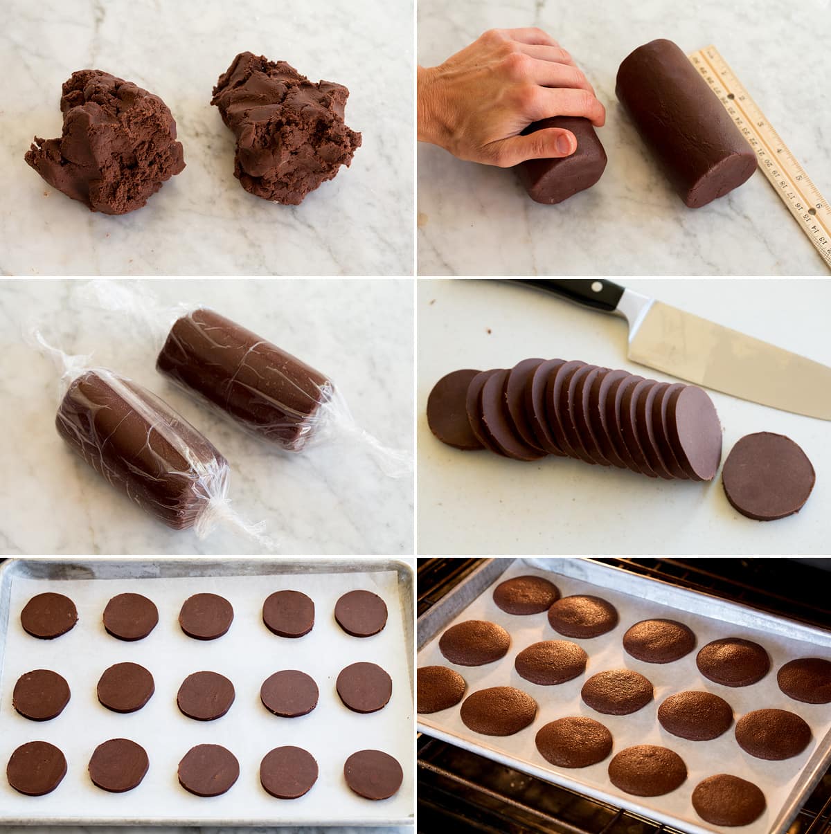 Collage of photos showing how to roll, slice and bake chocolate cookies.