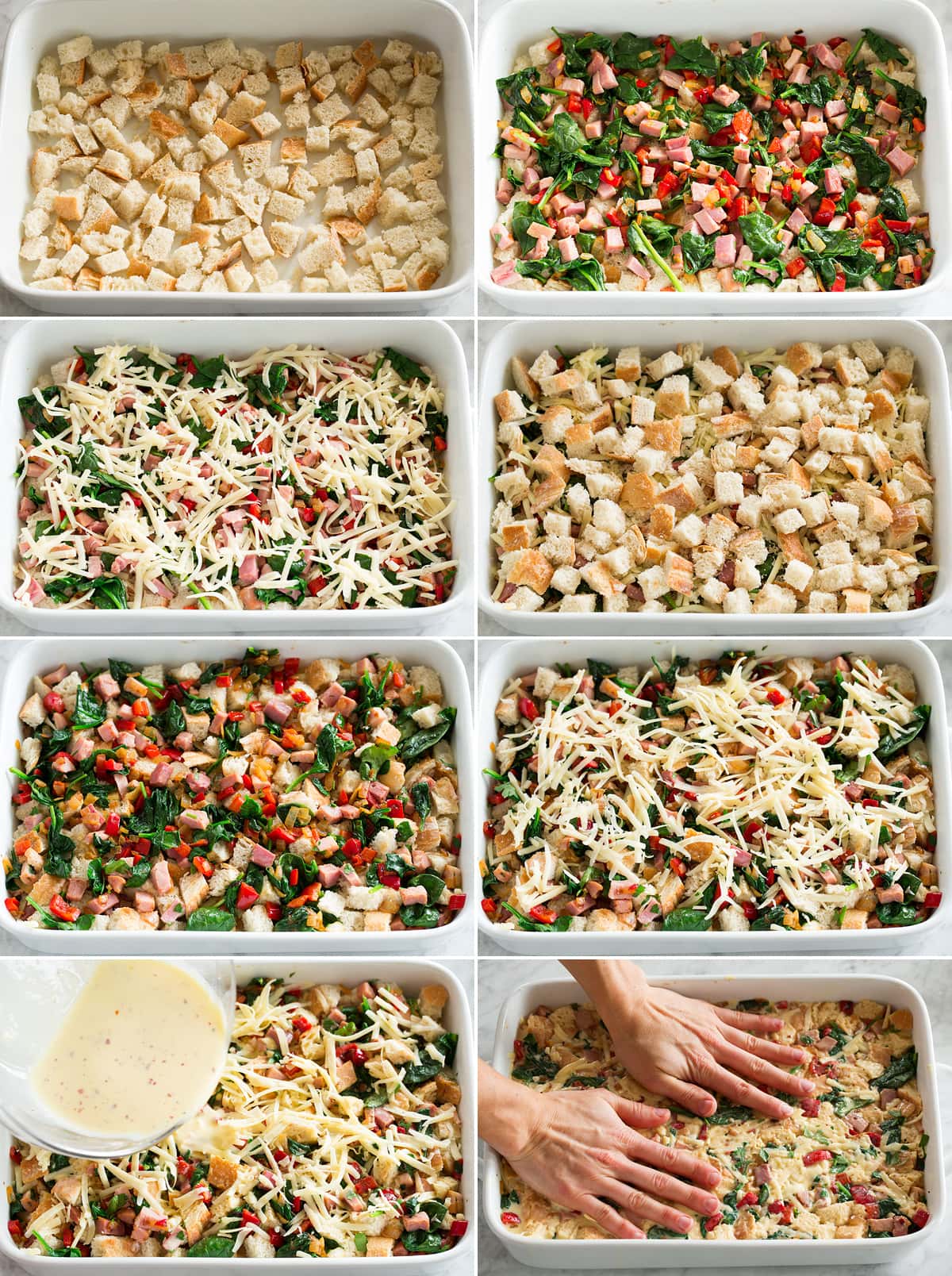 Collage of eight photos showing how to layer a strata in a casserole dish.
