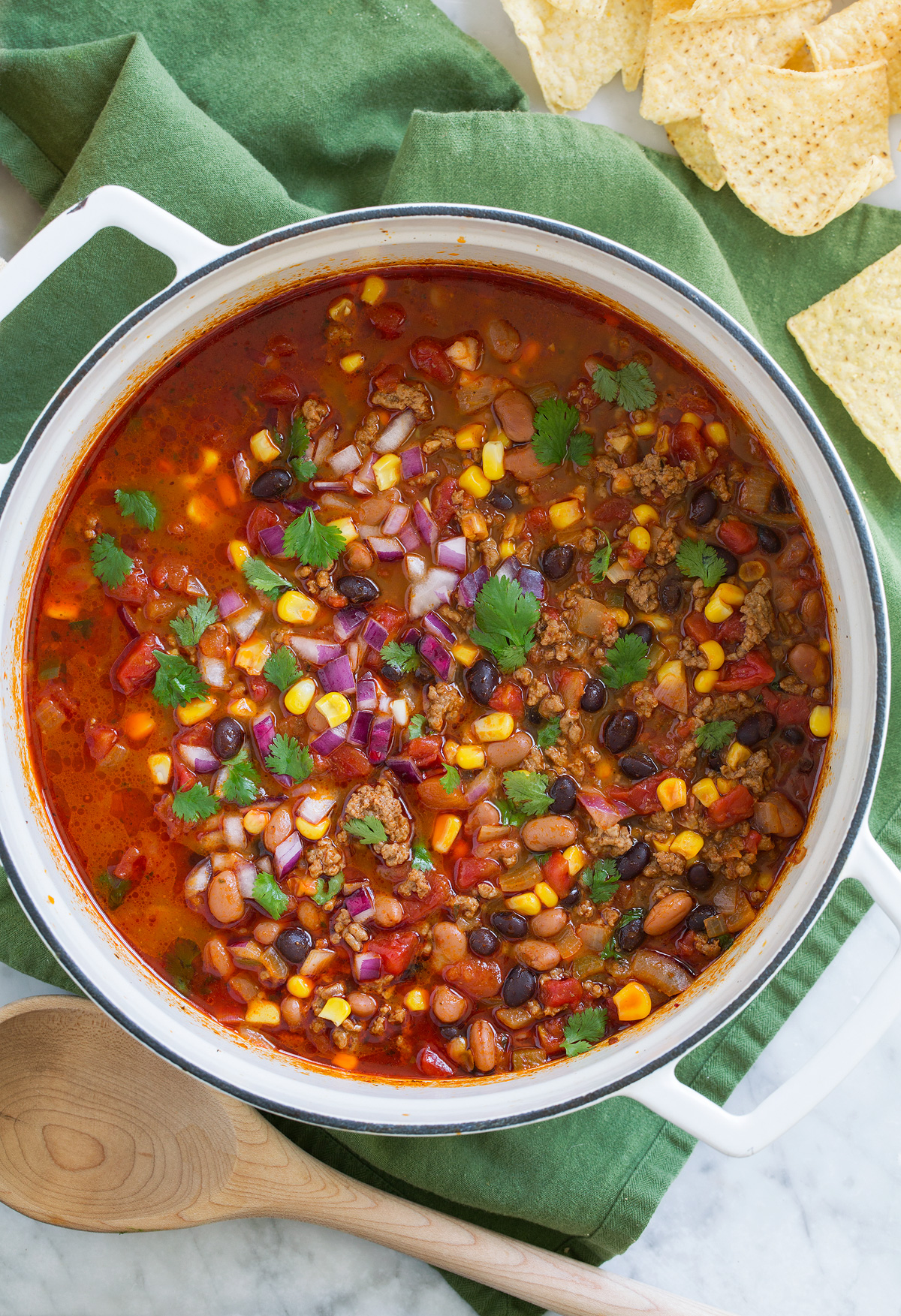 Overhead image of pot full of easy taco soup.