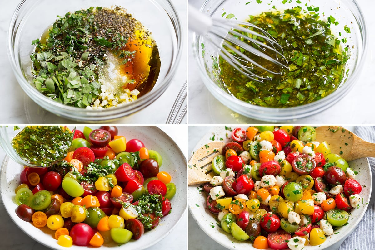 Collage of four images showing steps of making tomato salad. Shows mixing dressing in a glass bowl before and after and tossing tomatoes and mozzarella with dressing in a serving bowl.