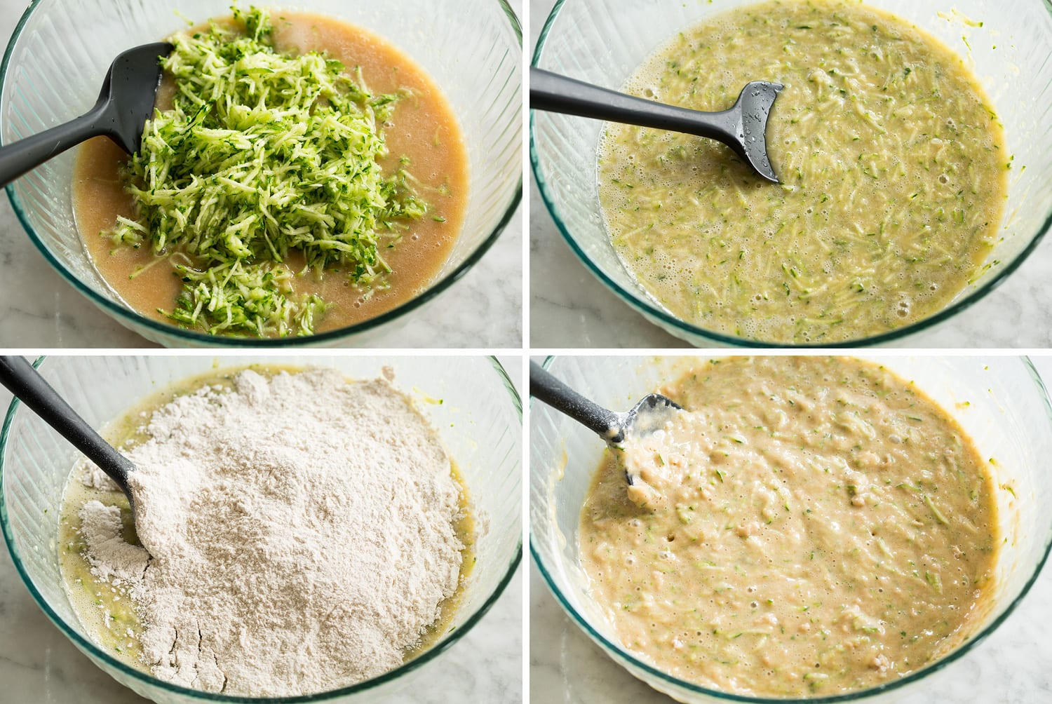 Adding zucchini to cake batter and blending dry and wet mixtures .