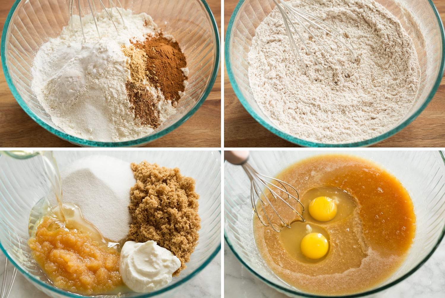 Steps of making zucchini cake wet mixture and dry mixture in glass mixing bowls.